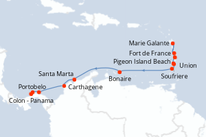 Carte de l'itinéraire de croisière Fort de France-Colon - Panama d'une durée de 12 jours