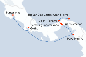 Carte de l'itinéraire de croisière Colon - Panama-Puntarenas d'une durée de 7 jours