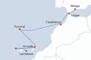Carte de l'itinéraire de croisière Malaga-Las Palmas d'une durée de 8 jours