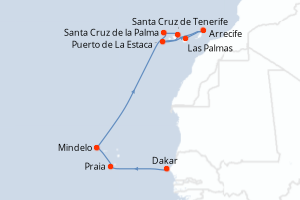 Carte de l'itinéraire de croisière Dakar-Las Palmas d'une durée de 10 jours