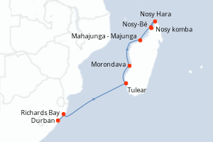 Carte de l'itinéraire de croisière Durban-Nosy-Bé d'une durée de 11 jours