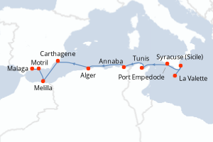 Carte de l'itinéraire de croisière La Valette-Malaga d'une durée de 9 jours