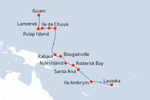 Carte de l'itinéraire de croisière Lautoka-Guam d'une durée de 16 jours