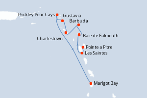 Carte de l'itinéraire de croisière Pointe a Pitre-Marigot Bay d'une durée de 7 jours