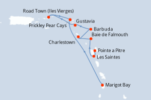Carte de l'itinéraire de croisière Pointe a Pitre-Marigot Bay d'une durée de 7 jours