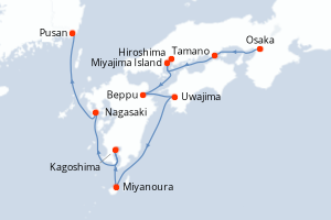 Carte de l'itinéraire de croisière Osaka-Pusan d'une durée de 8 jours