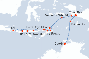 Carte de l'itinéraire de croisière Darwin-Bali d'une durée de 14 jours