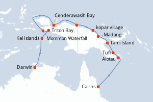 Carte de l'itinéraire de croisière Darwin-Cairns d'une durée de 16 jours