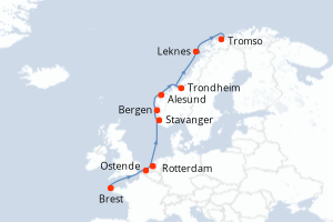 Carte de l'itinéraire de croisière Brest-Tromso d'une durée de 11 jours