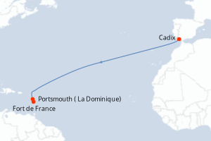 carte itinéraire croisière Transatlantique 12 jours au départ du port de Cadix
