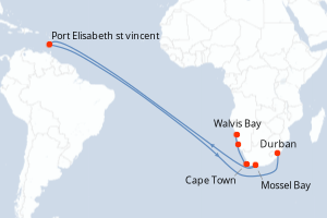 Carte de l'itinéraire de croisière Walvis Bay-Durban d'une durée de 10 jours