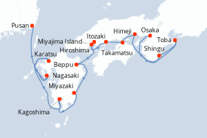 Carte de l'itinéraire de croisière Osaka-Pusan d'une durée de 12 jours