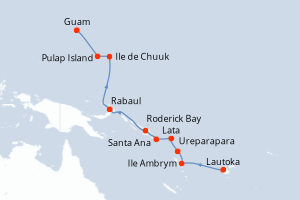 Carte de l'itinéraire de croisière Lautoka-Guam d'une durée de 15 jours