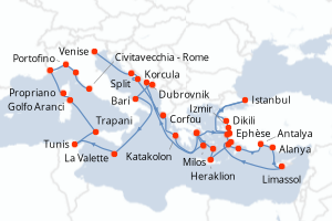 carte itinéraire croisière Adriatique 36 jours au départ du port de Venise