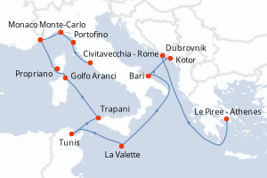 carte itinéraire croisière Sicile 14 jours au départ du port de Le Piree - Athenes