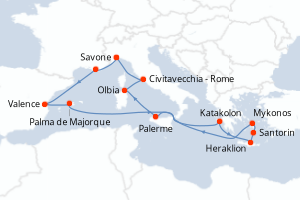carte itinéraire croisière Sicile 14 jours au départ du port de Savone