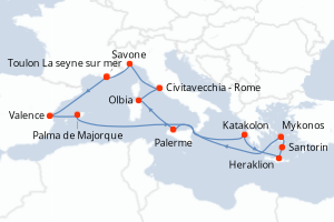 carte itinéraire croisière Sicile 14 jours au départ du port de Toulon La seyne sur mer