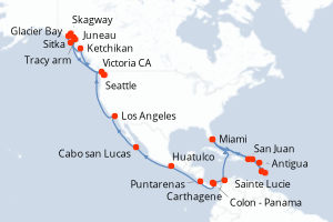 carte itinéraire croisière Alaska 42 jours au départ du port de Miami