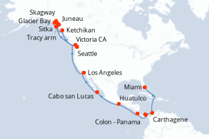 carte itinéraire croisière Alaska 30 jours au départ du port de Miami