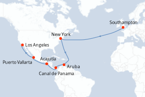 Carte de l'itinéraire de croisière Southampton-Los Angeles d'une durée de 26 jours