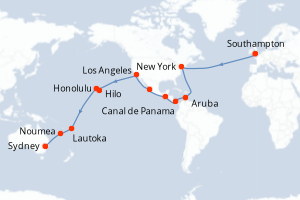 carte itinéraire croisière Australie Nouvelle Zélande 44 jours au départ du port de Southampton