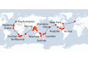 Carte de l'itinéraire de croisière Southampton-Southampton d'une durée de 109 jours