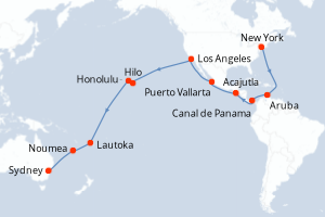 carte itinéraire croisière Australie Nouvelle Zélande 35 jours au départ du port de New York