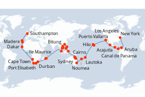 carte itinéraire croisière Transatlantique 100 jours au départ du port de New York