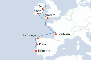 Carte de l'itinéraire de croisière Lisbonne-Dublin d'une durée de 9 jours