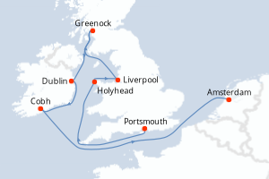 Carte de l'itinéraire de croisière Portsmouth-Amsterdam d'une durée de 9 jours