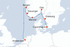 Carte de l'itinéraire de croisière Amsterdam-Copenhague d'une durée de 7 jours