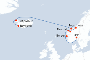 Carte de l'itinéraire de croisière Oslo-Reykjavik d'une durée de 10 jours