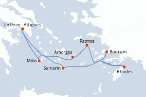 Carte de l'itinéraire de croisière Le Piree - Athenes-Le Piree - Athenes d'une durée de 7 jours