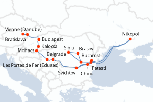 Carte de l'itinéraire de croisière Bucarest-Vienne (Danube) d'une durée de 14 jours
