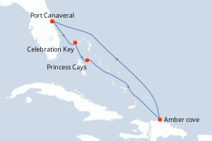 Carte de l'itinéraire de croisière Port Canaveral-Port Canaveral d'une durée de 6 jours