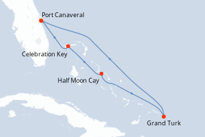 Carte de l'itinéraire de croisière Port Canaveral-Port Canaveral d'une durée de 6 jours