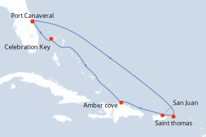 carte itinéraire croisière Caraïbes Bahamas 8 jours au départ du port de Port Canaveral