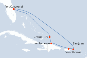 carte itinéraire croisière Caraïbes Bahamas 8 jours au départ du port de Port Canaveral