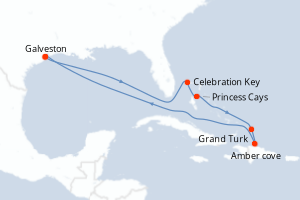 Carte de l'itinéraire de croisière Galveston-Galveston d'une durée de 10 jours