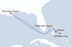 Carte de l'itinéraire de croisière Nouvelle-Orleans-Nouvelle-Orleans d'une durée de 8 jours