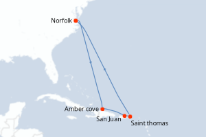 carte itinéraire croisière Caraïbes Mexique 9 jours au départ du port de Norfolk