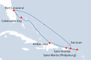 carte itinéraire croisière Caraïbes Bahamas 9 jours au départ du port de Port Canaveral