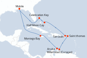 carte itinéraire croisière Caraïbes Mexique 14 jours au départ du port de Mobile