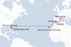 carte itinéraire croisière Transatlantique 14 jours au départ du port de Port Canaveral