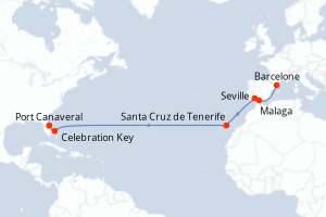 carte itinéraire croisière Transatlantique 14 jours au départ du port de Barcelone
