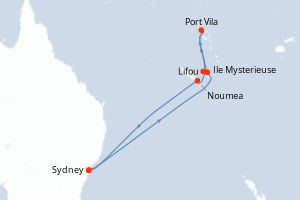 Carte de l'itinéraire de croisière Sydney-Sydney d'une durée de 10 jours