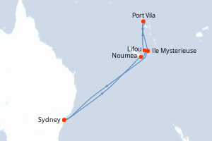 Carte de l'itinéraire de croisière Sydney-Sydney d'une durée de 10 jours