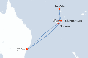Carte de l'itinéraire de croisière Sydney-Sydney d'une durée de 9 jours
