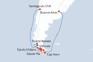 Carte de l'itinéraire de croisière Buenos Aires-Santiago du Chili d'une durée de 14 jours