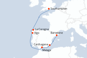 carte itinéraire croisière Europe du Nord 7 jours au départ du port de Barcelone